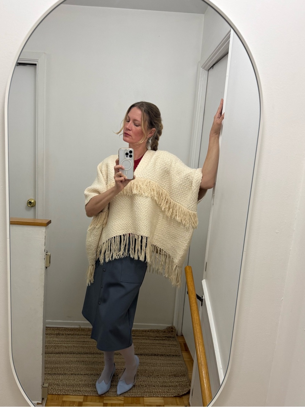Apiece Apart Cream Fringe Knit Poncho